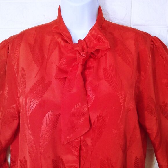 Vintage 70s Empire California Satin Bow Blouse Top -XL Feathers GA Print Buttons - Picture 6 of 11